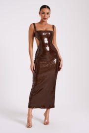 Adoria Sequin Cut Out Maxi Dress - Chocolate