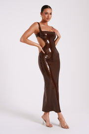 Adoria Sequin Cut Out Maxi Dress - Chocolate