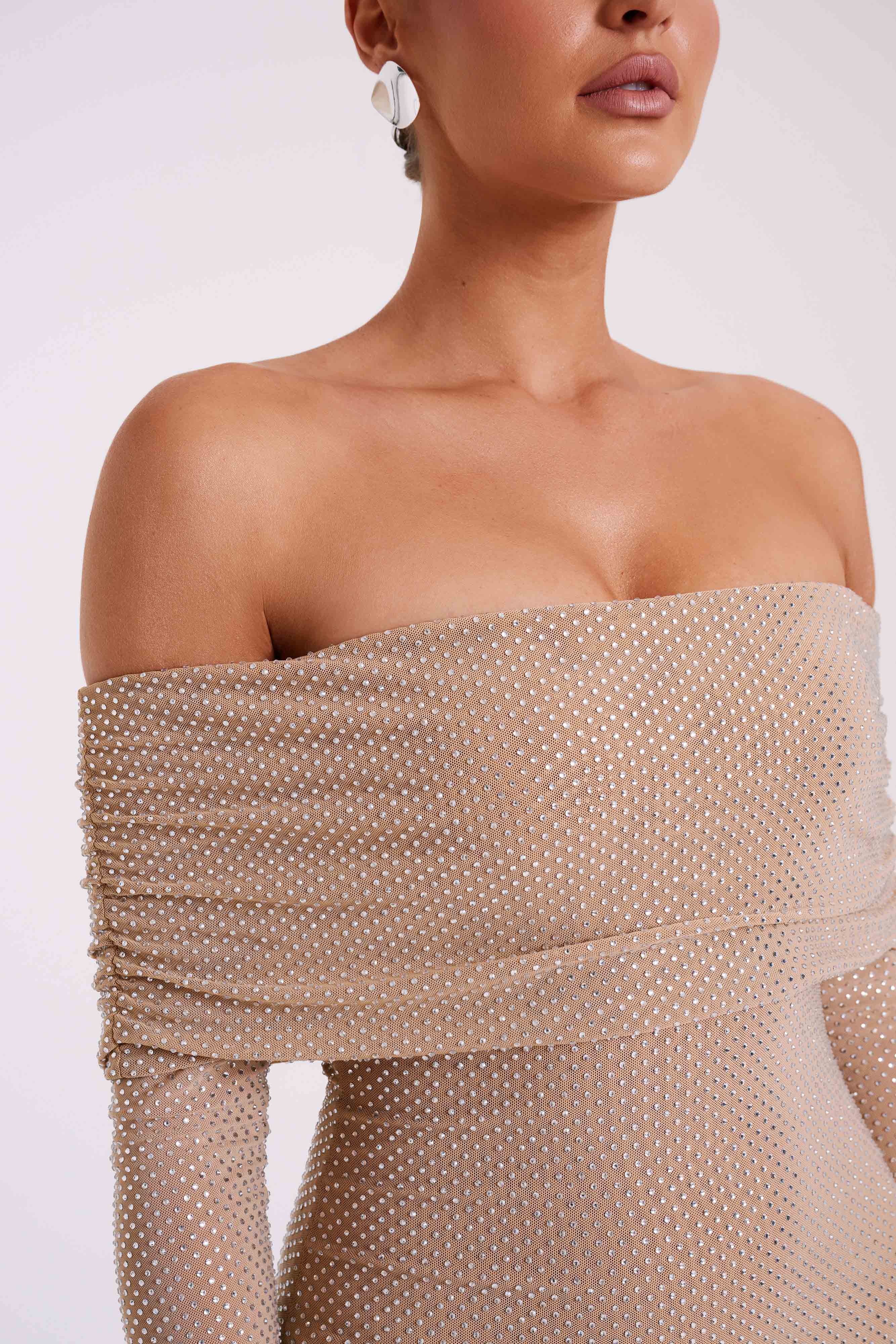 Marcel Off Shoulder Diamante Maxi Dress - Nude | MESHKI