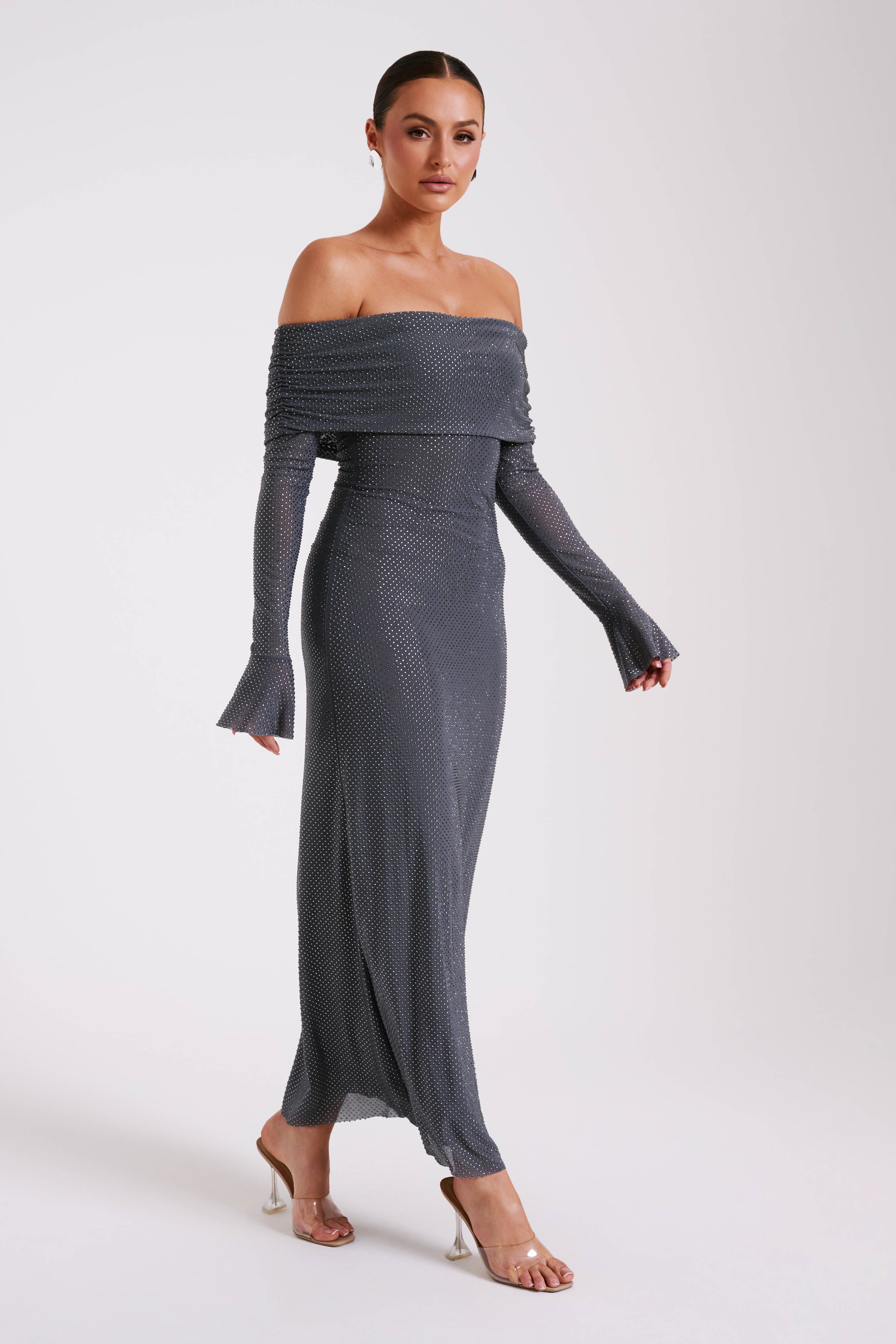Marcel Off Shoulder Diamante Maxi Dress - Gunmetal | MESHKI