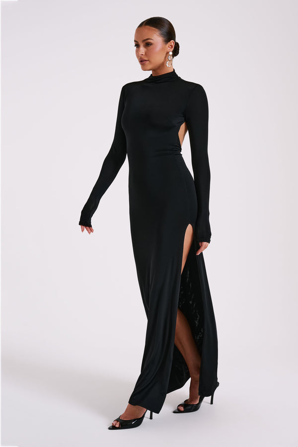 Elani Slinky High Neck Maxi Dress - Black