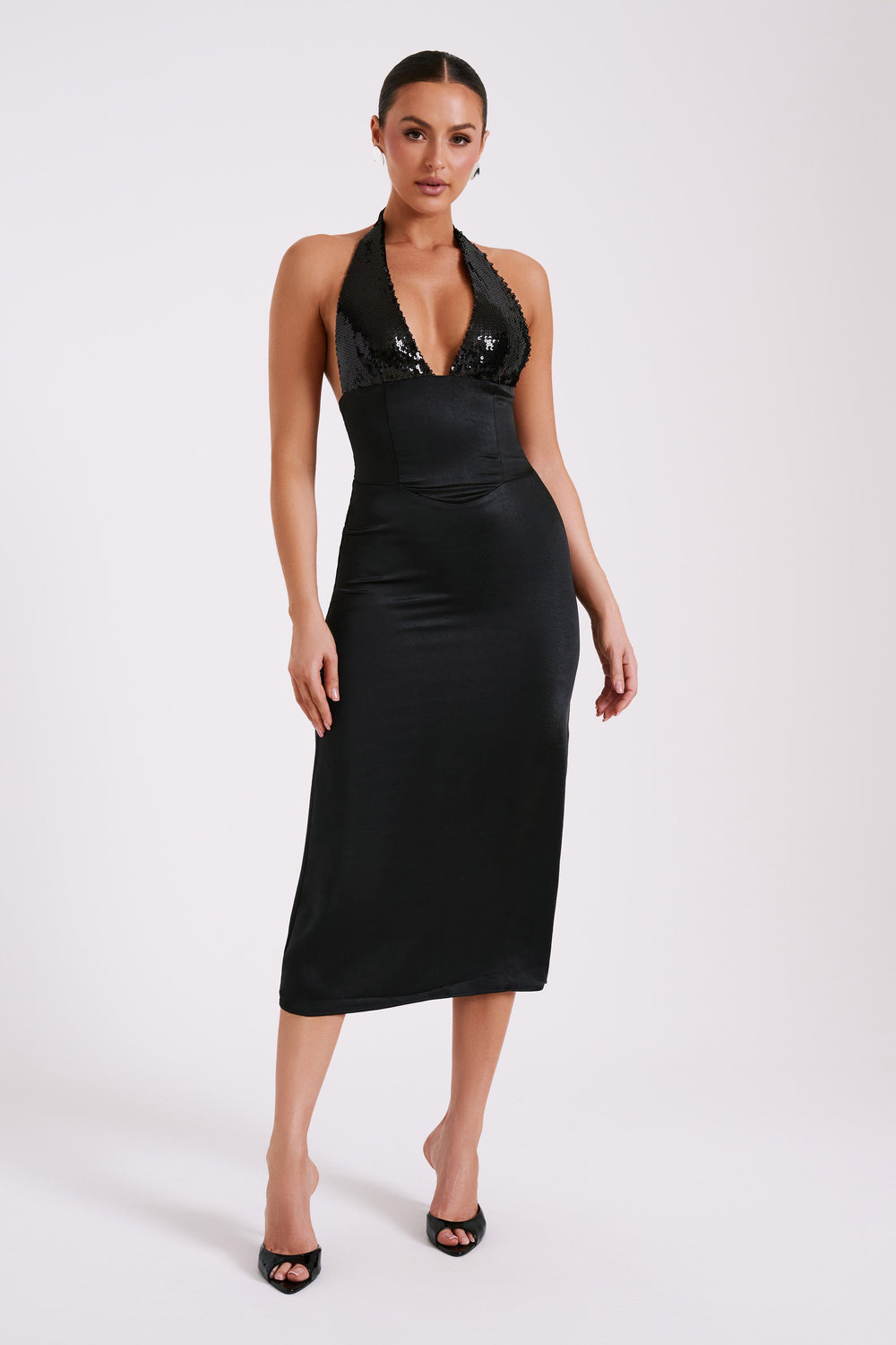 Ebony Satin Midi Dress With Sequins - Black