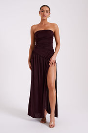 Bex Strapless Slinky Maxi Dress With Split - Burgundy