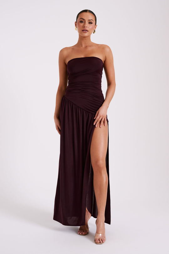 Shop Formal Dress - Bex  Strapless Slinky Maxi Dress With Split - Burgundy featured image