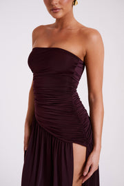 Bex Strapless Slinky Maxi Dress With Split - Burgundy