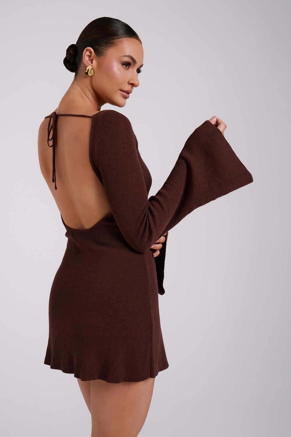 Zahra Long Sleeve Open Back Mini Knit Dress - Dark Chocolate