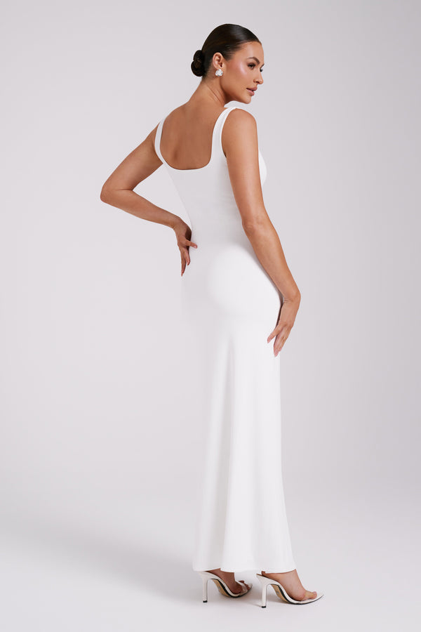 white fishtail maxi dress