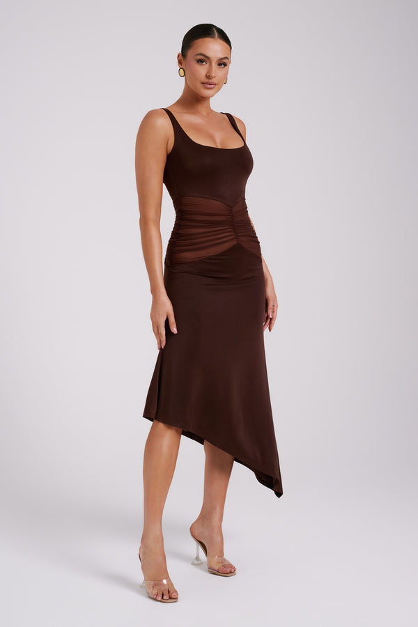 Kora Mesh Panelled Midi Dress - Dark Brown