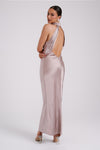 Claire Satin Drape Back Maxi Dress with Split - Black