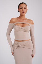 Ceri Off Shoulder Long Sleeve Top - Taupe