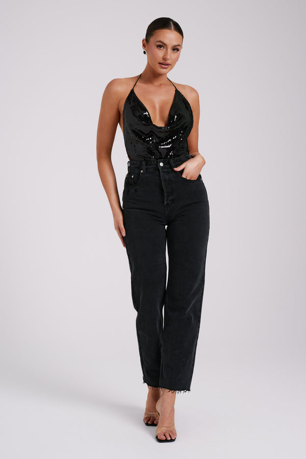 Nathalie Sequin Cowl Bodysuit - Black