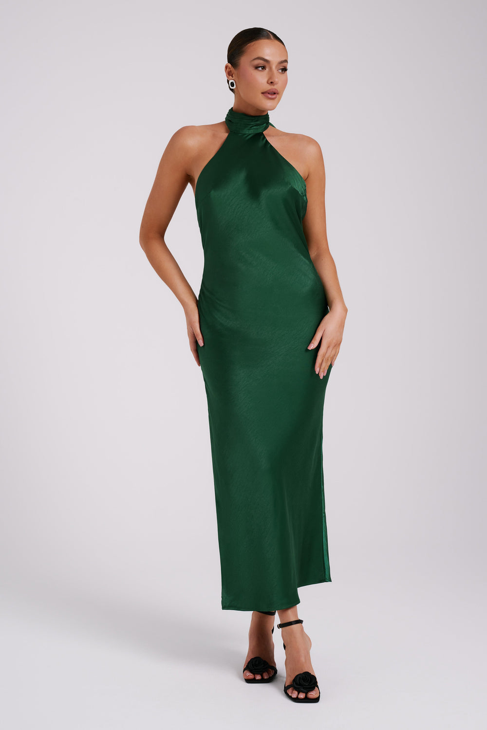 Paulette Satin Maxi Dress With Bow - Emerald