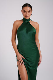 Paulette Satin Midi Dress With Bow - Emerald