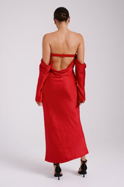 Vee Off Shoulder Satin Midi Dress - Red