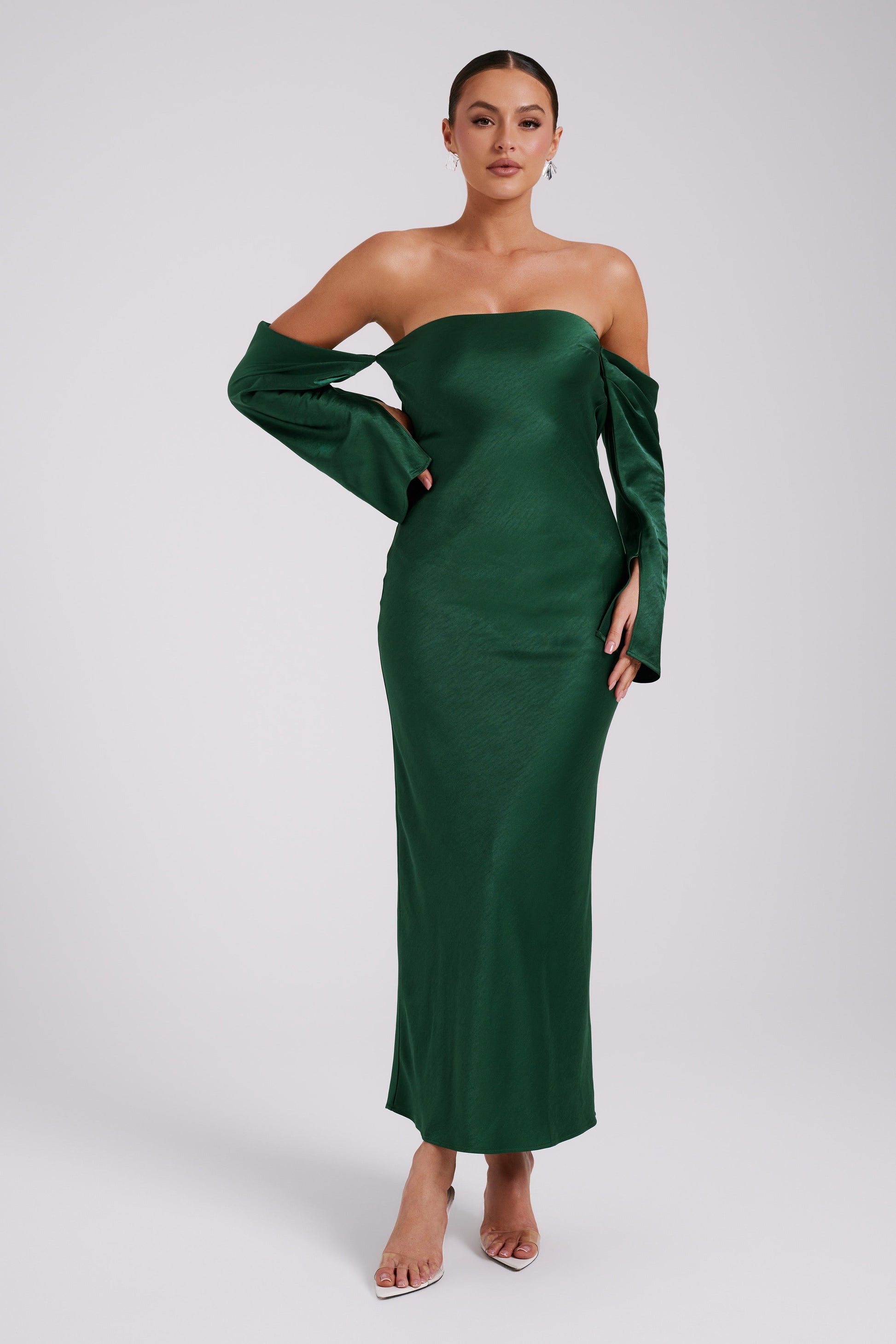 Vee Off Shoulder Satin Midi Dress - Emerald #4