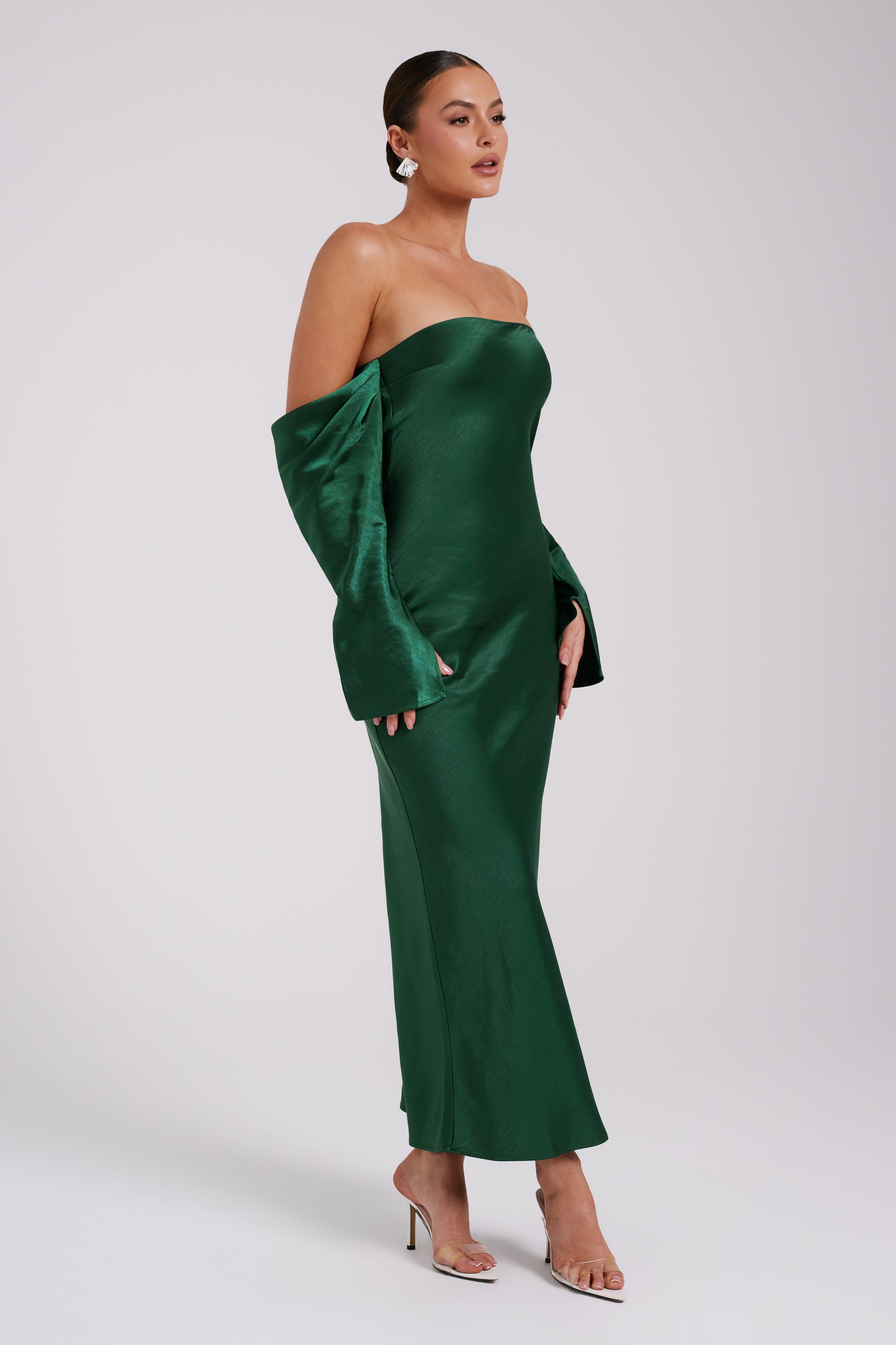 Vee Off Shoulder Satin Midi Dress - Emerald #3