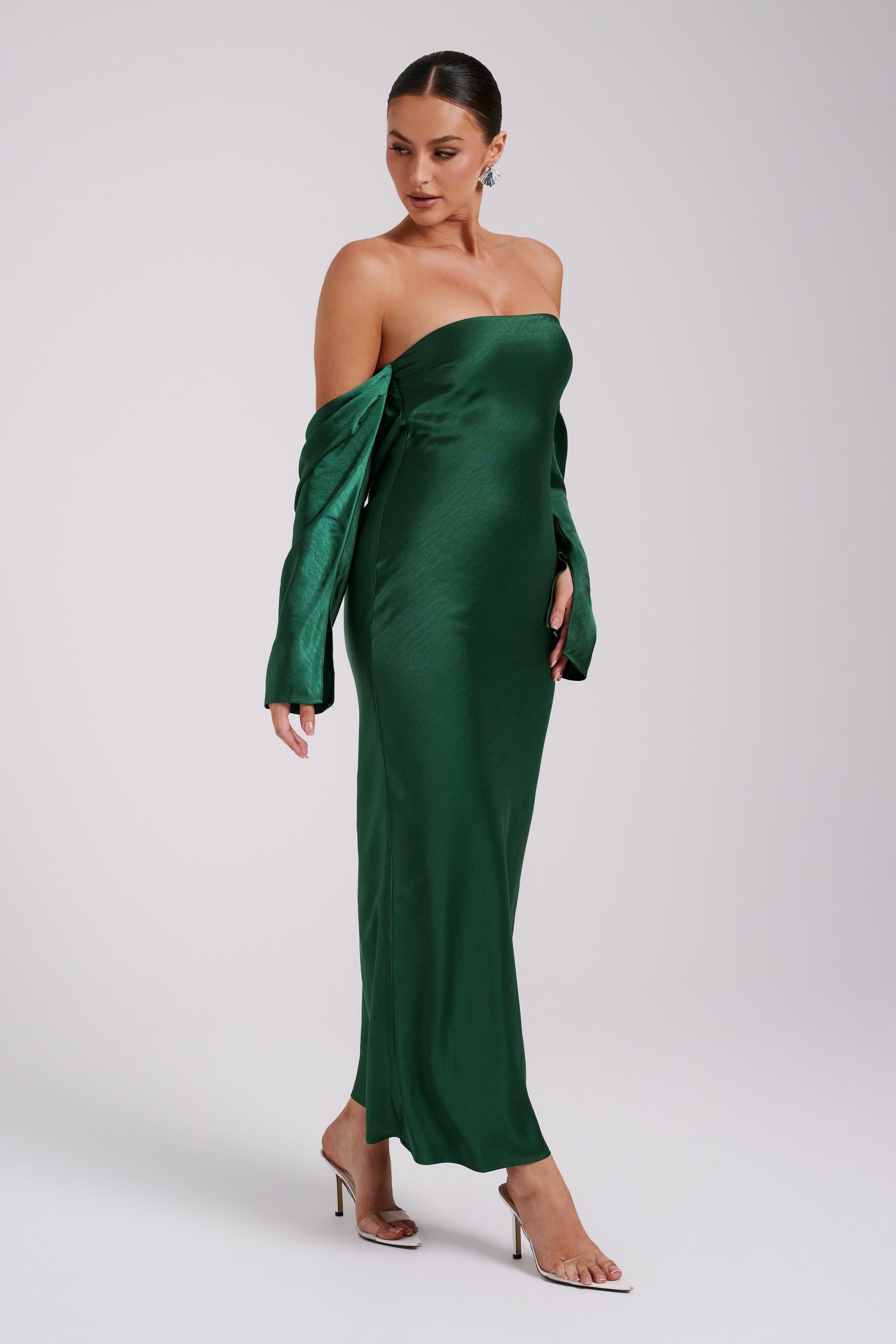 Vee Off Shoulder Satin Midi Dress - Emerald #7