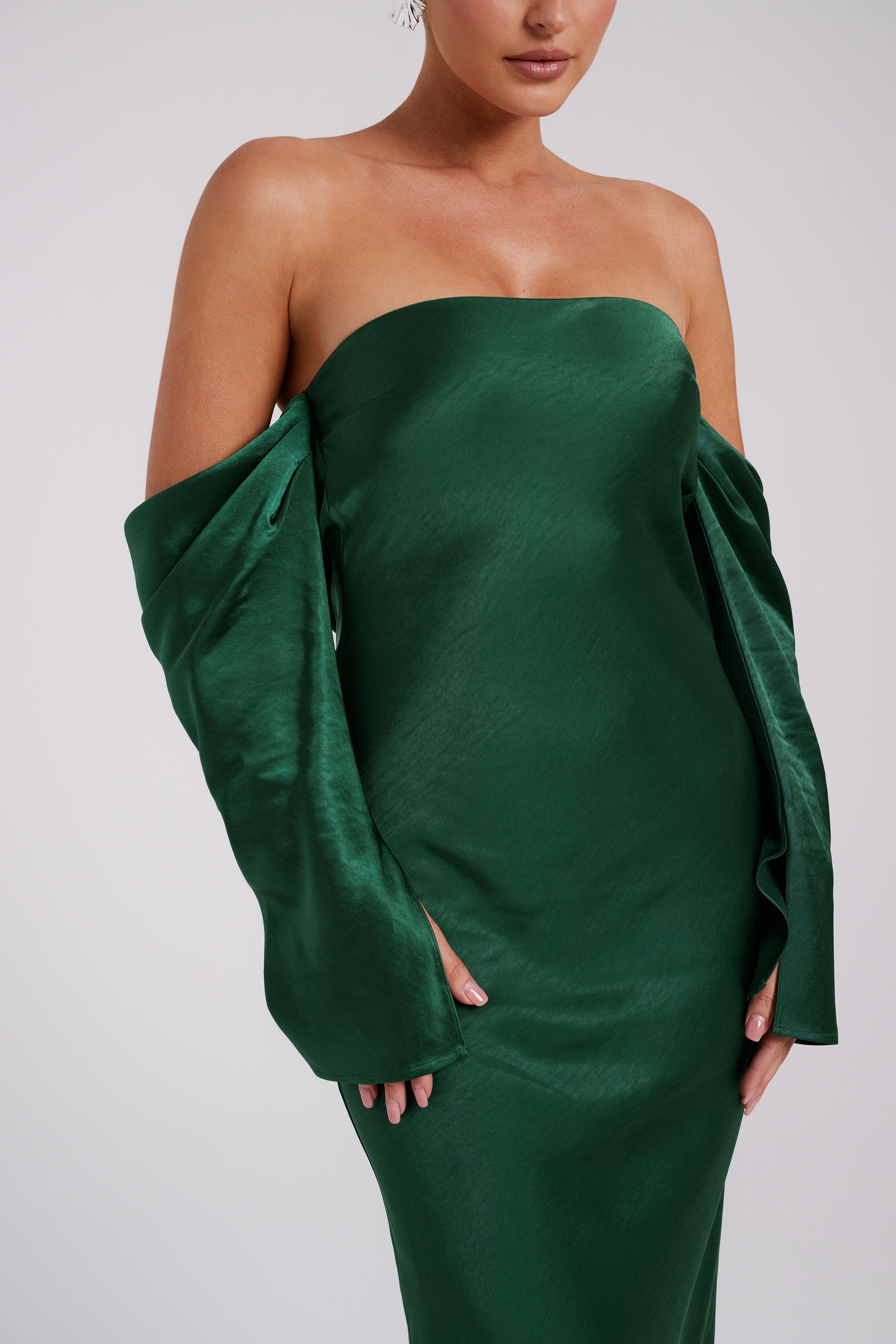 Vee Off Shoulder Satin Midi Dress - Emerald #2