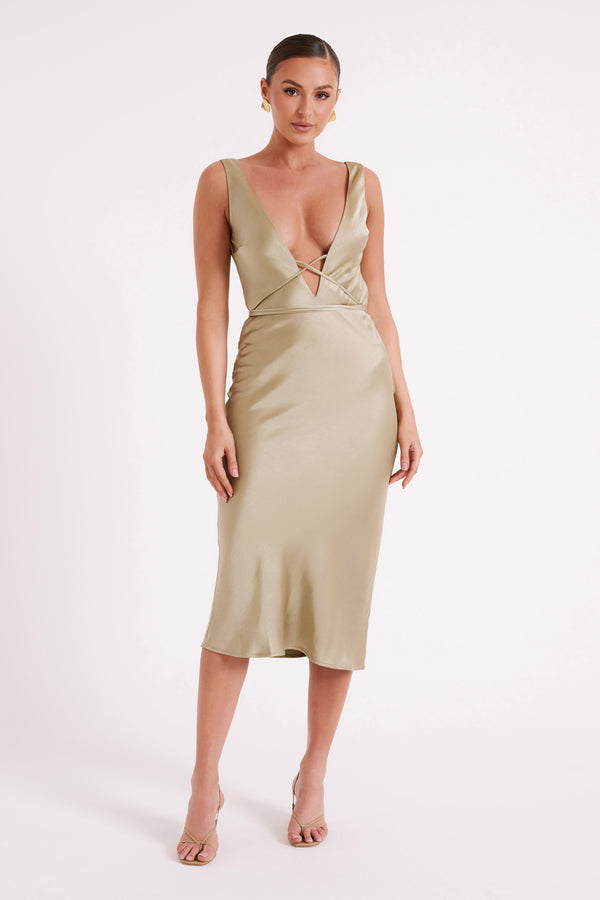Shop Formal Dress - Elouise  Tie Around Satin Midi Dress - Sage fourth image