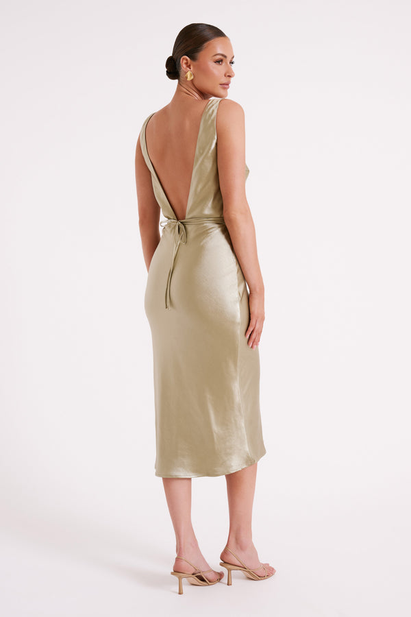 Shop Formal Dress - Elouise  Tie Around Satin Midi Dress - Sage fifth image