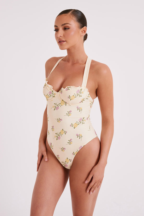 Stephanie Embroidered One Piece Swimsuit - Ivory Flower Print