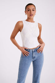 Luci Beaded Flower Mesh Top - White