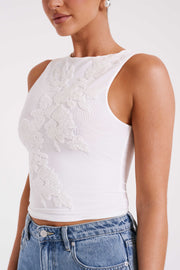 Luci Beaded Flower Mesh Top - White