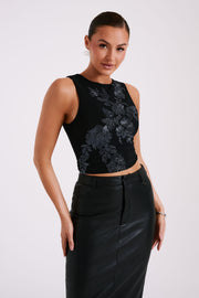 Luci Beaded Flower Mesh Top - Black