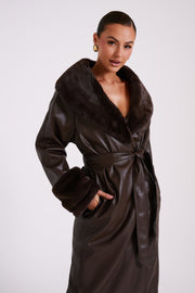 Rebekah Oversized Pu Trench Coat With Fur Trim - Dark Brown