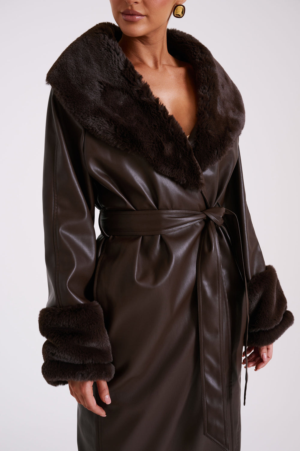 Rebekah Oversized Pu Trench Coat With Fur Trim - Dark Brown
