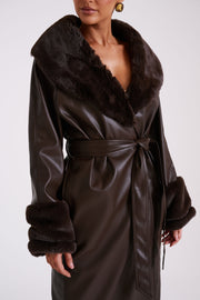 Rebekah Oversized Pu Trench Coat With Fur Trim - Dark Brown