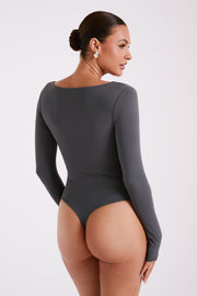 Nia Long Sleeve V Neck Bodysuit - Charcoal