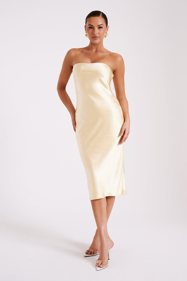 Shop Formal Dress - Tyler  Strapless Satin Midi Dress - Butter fifth image
