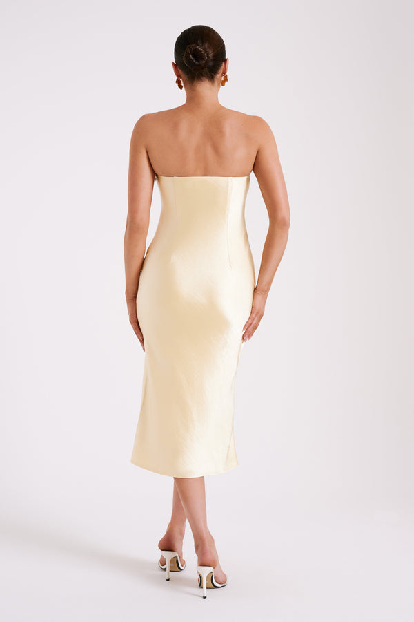 Shop Formal Dress - Tyler  Strapless Satin Midi Dress - Butter third image