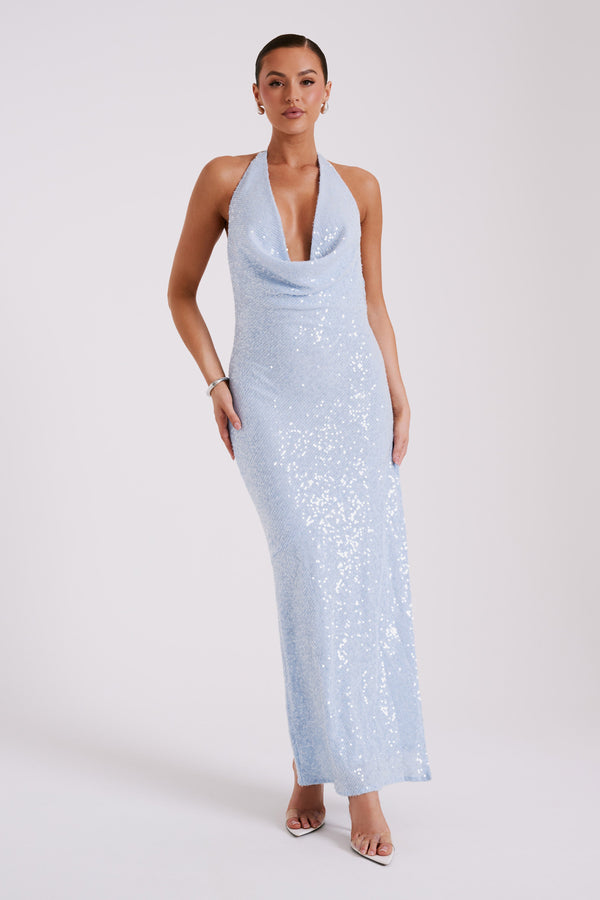 Shop Formal Dress - Blakely  Halter Sequin Maxi Dress - Ice Blue fifth image