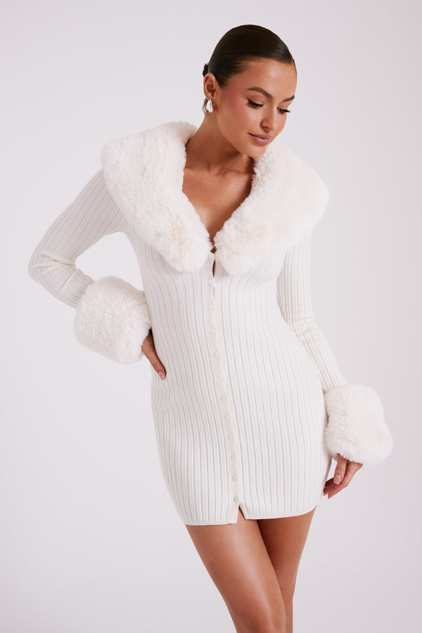 Aurora Fur Trim Knit Mini Dress - Ivory
