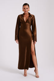 Whitley Satin Collared Maxi Dress - Dark Brown