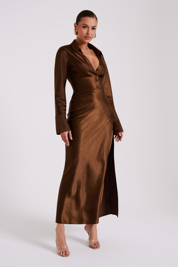 Whitley Satin Collared Maxi Dress - Dark Brown