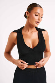 Viola Collared Knit Tank Top - Black
