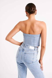 Sandy Buttoned Denim Tube Top - Mid Blue