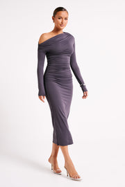 Christabel Recycled Nylon Ruched Midi Dress - Charcoal