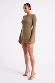 Zahra Long Sleeve Open Back Mini Knit Dress - Olive