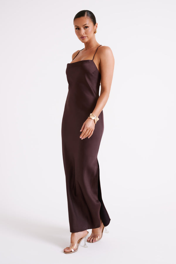 Shop Formal Dress - Sydney  Straight Neck Slip Maxi Dress - Chocolate fourth image