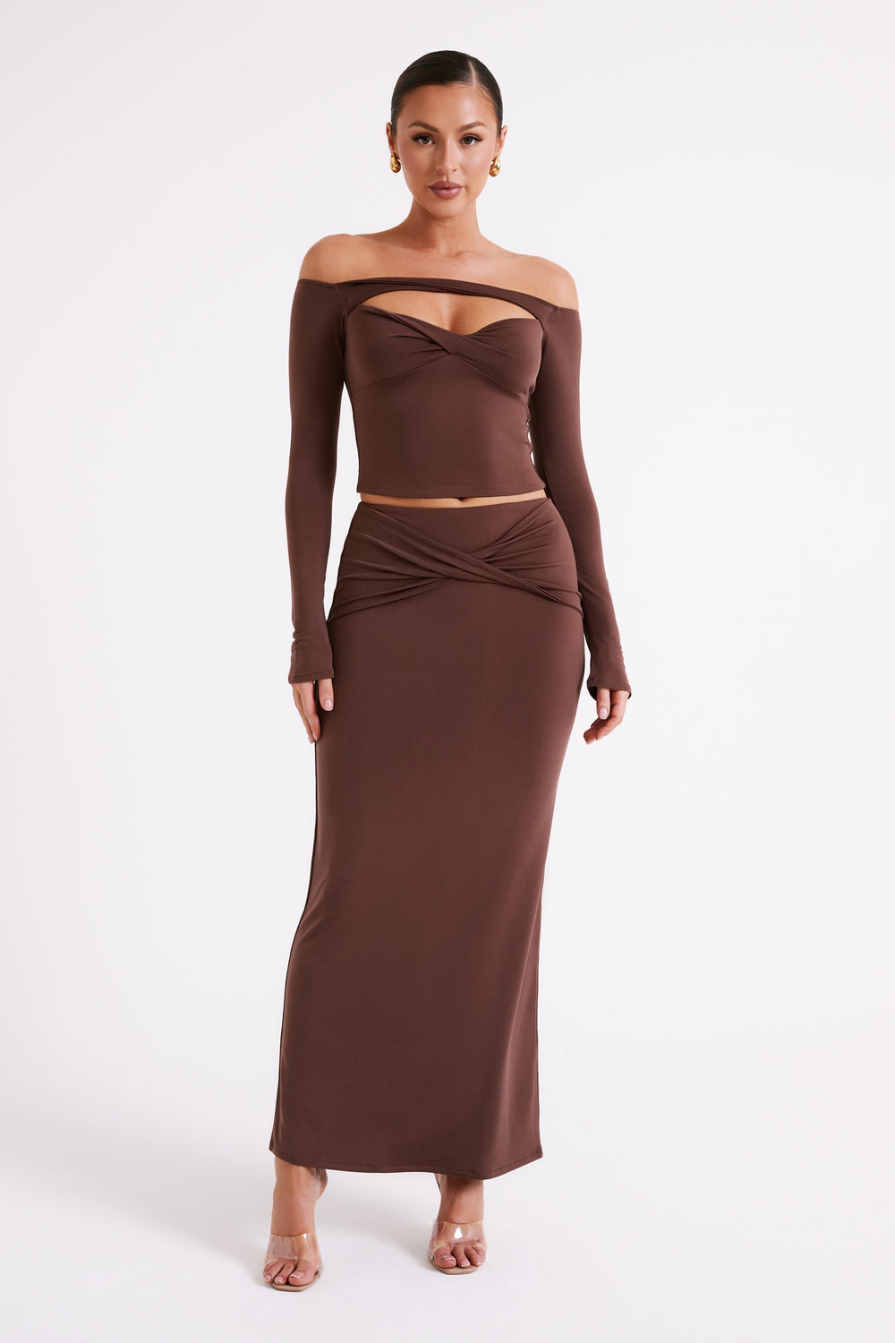 Ceri Off Shoulder Long Sleeve Top - Mocha