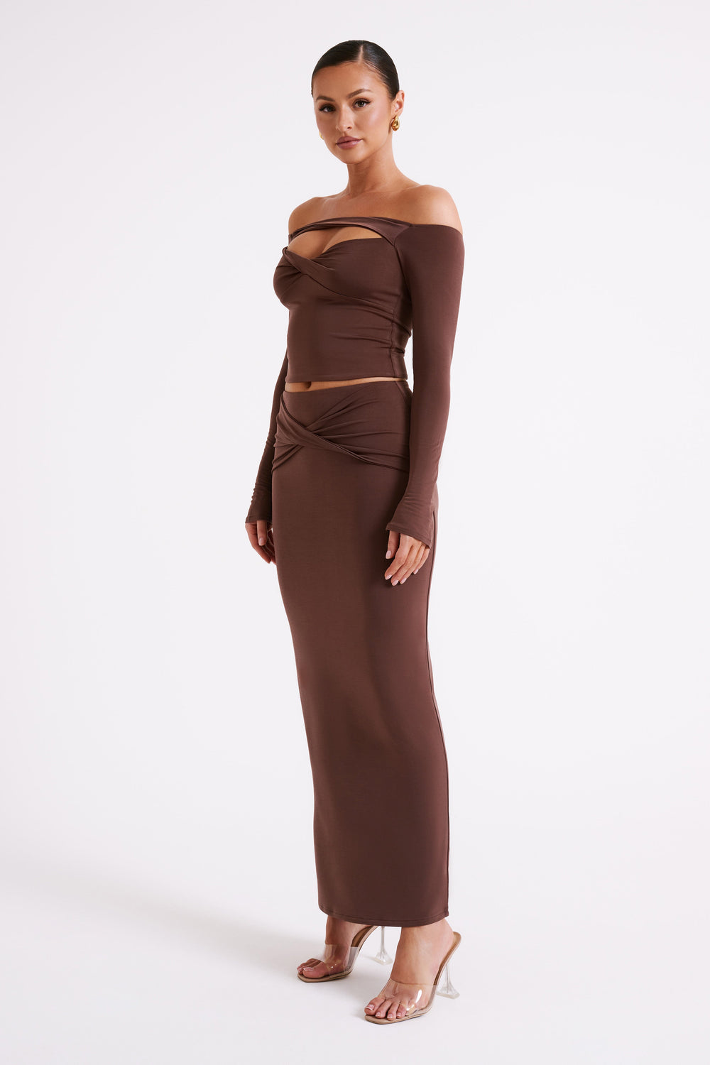 Ceri Off Shoulder Long Sleeve Top - Mocha