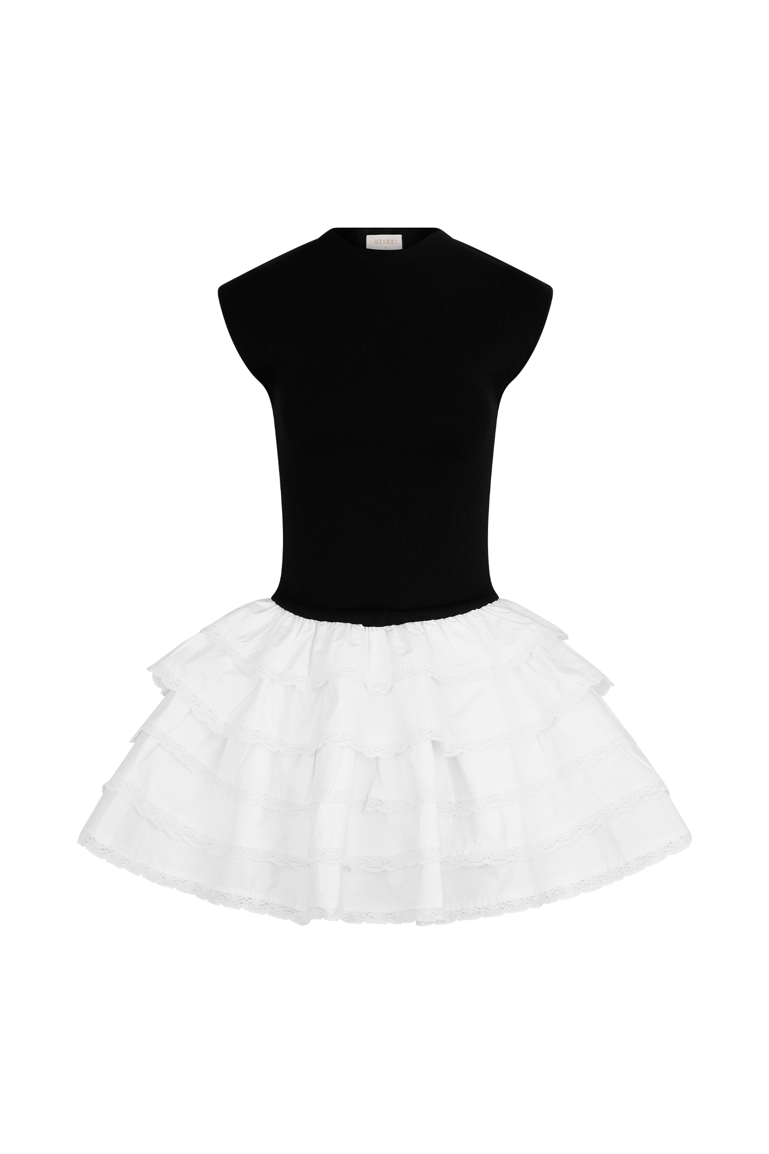 meshki black and white dress Maeve Contrast Ruffle Knit Mini - Black/White flowing effect Size:18-24M Asymmetrical Gathered Maxi Dress Print_Floral