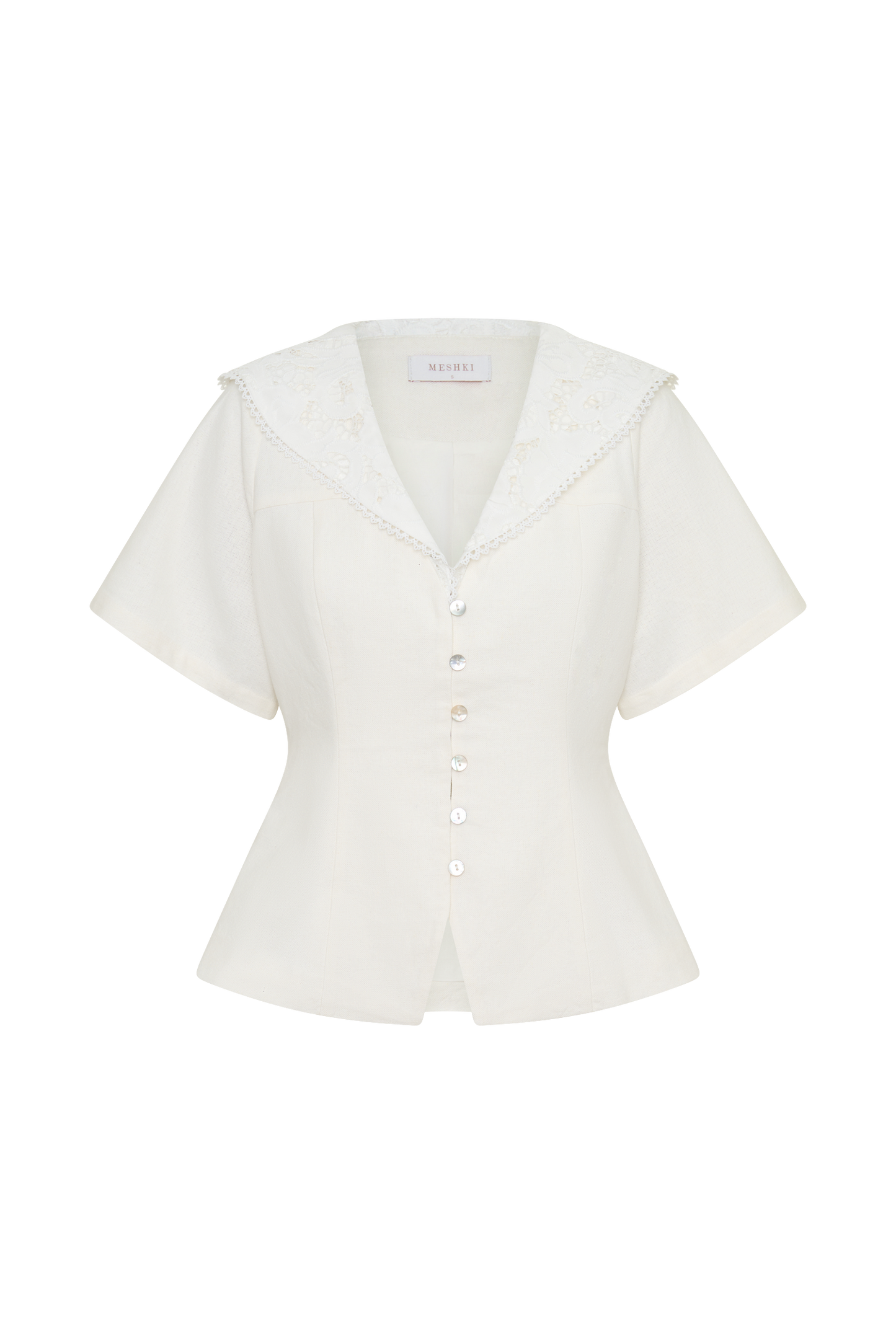 Melody Short Sleeve Shirt With Lace Collar - White