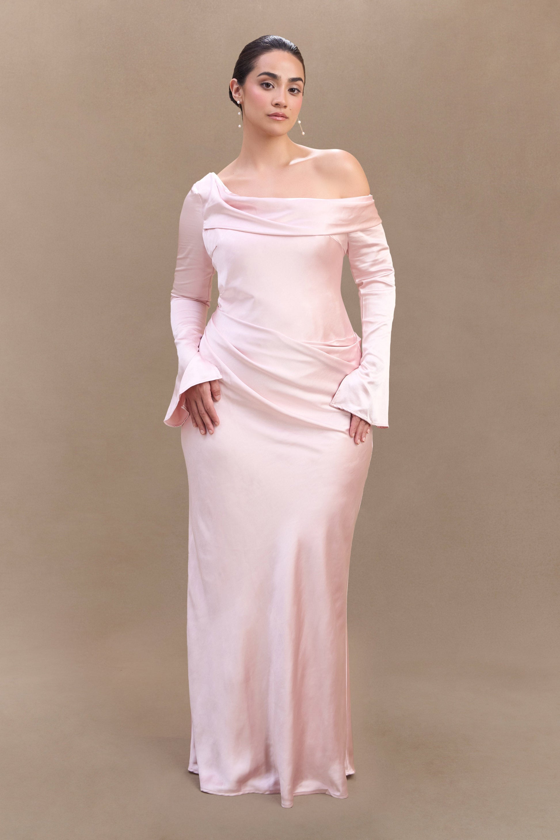 Iris Long Sleeve Satin Maxi Dress - Soft Pink | MESHKI Iris Long Sleeve Satin Maxi Dress - Soft Pink | MESHKI