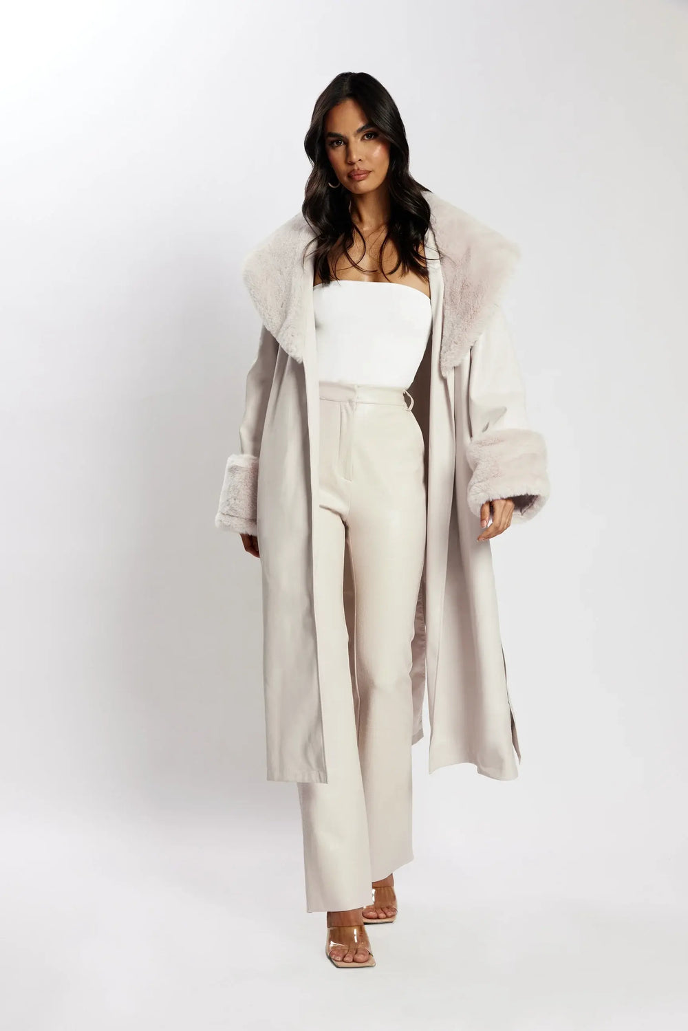 Rebekah Oversized Pu Trench Coat With Fur Trim - Bone
