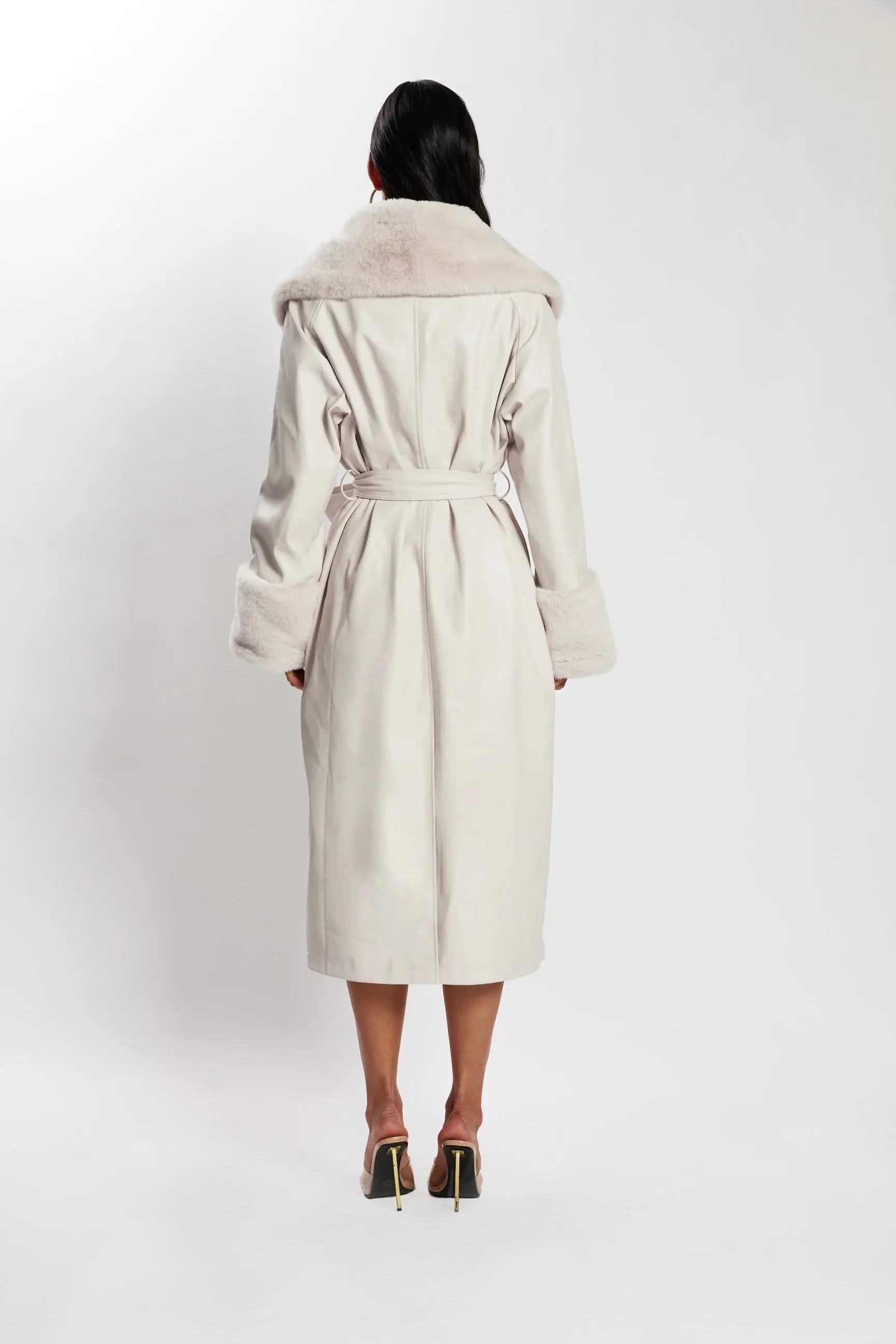 Rebekah Oversized Pu Trench Coat With Fur Trim Bone MESHKI